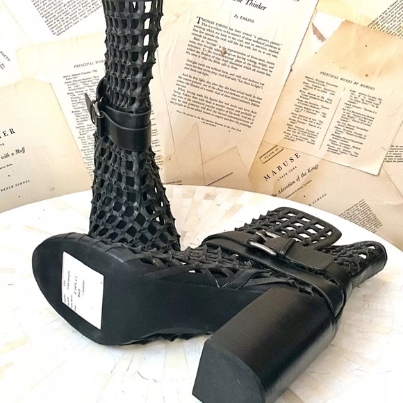 Free People Jeffrey Campbell Loom Cage Knot Block Heel Ankle Boot Black Leather - Picture 7 of 7